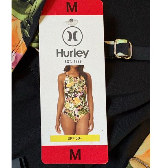 New Hurley Black Orange Tropical One Piece Swimsuit Medium - Picture 3 of 5
